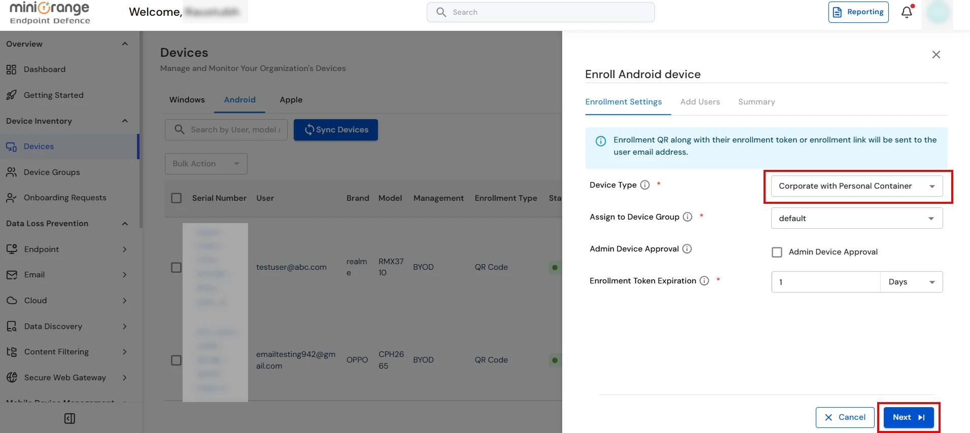 Configure Enrollment Settings for COPE device enrollment in miniOrange UEM