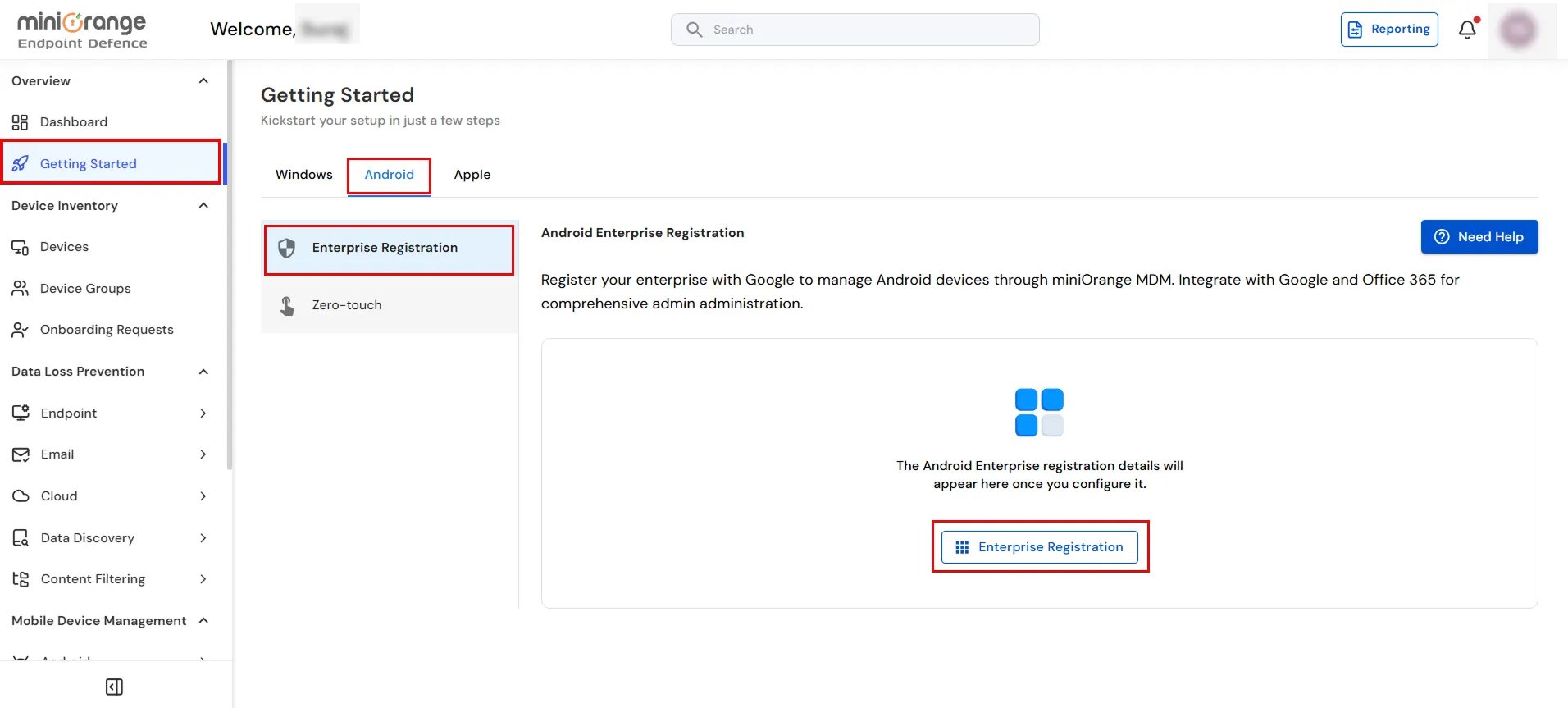 Android Enterprise registration button
