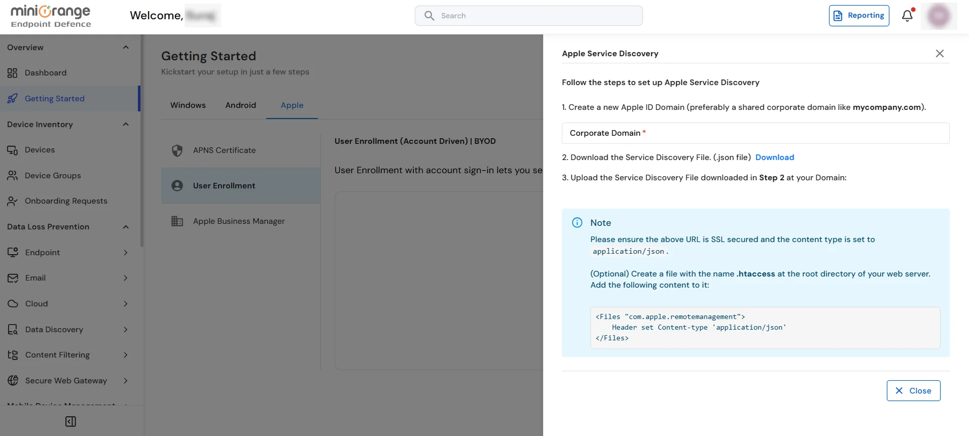 Enter corporate domain for Apple Account-Driven enrollment in miniOrange UEM
