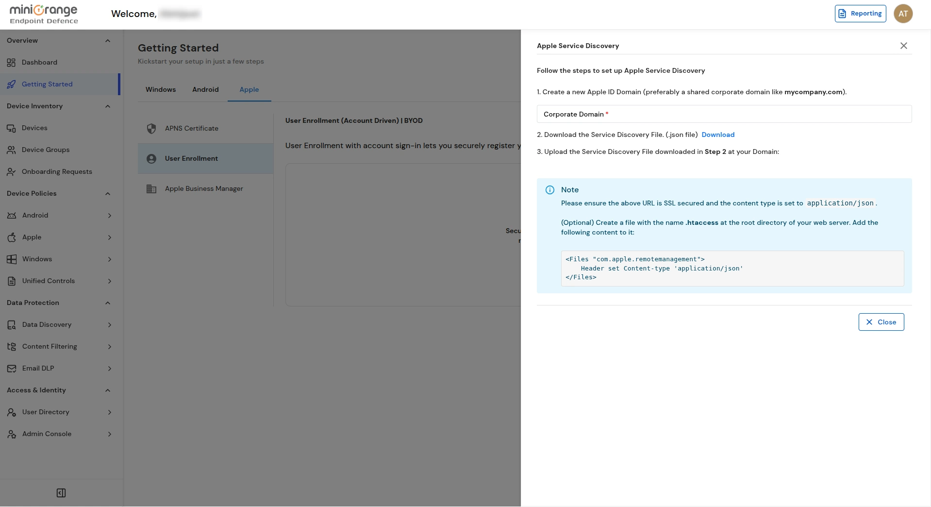 Enter corporate domain for Apple Account-Driven enrollment in miniOrange UEM