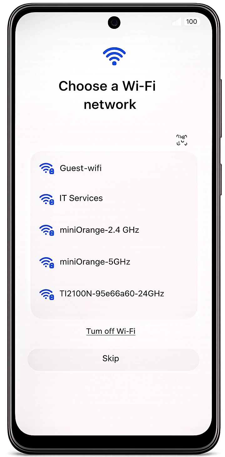 Android setup Choose a Wi-Fi network screen with network list and Skip button
