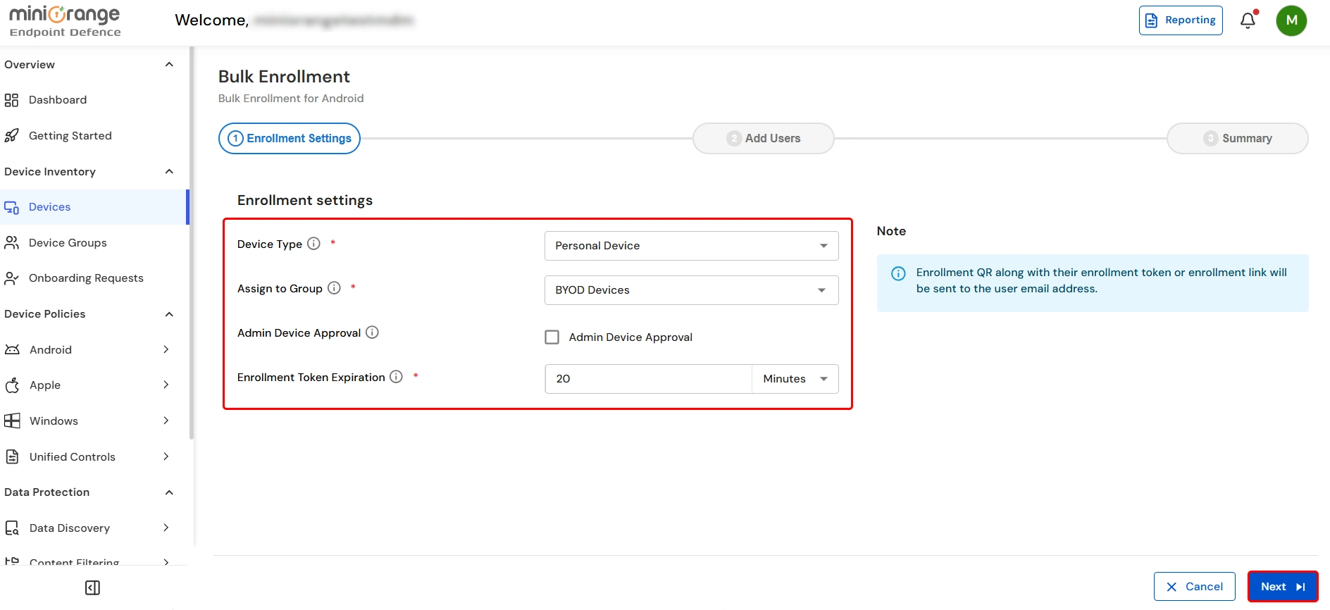 Configure bulk enrollment settings for Android devices in miniOrange UEM