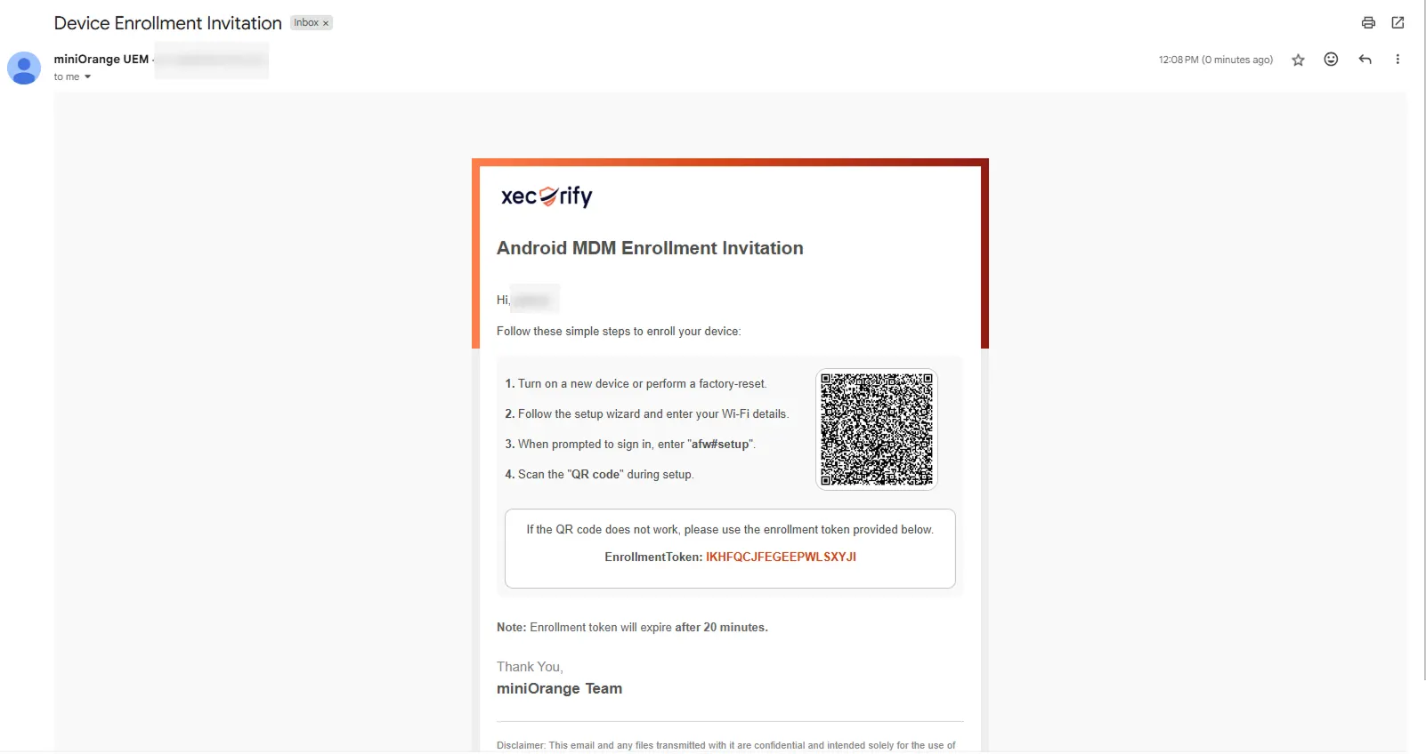 COPE Android enrollment invitation email containing QR code and enrollment token