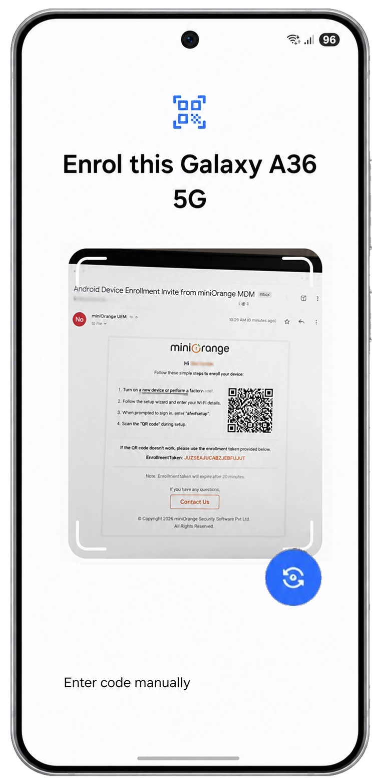 Scan the UEM enrollment QR code with the device camera or a QR scanner app during Android company-owned setup
