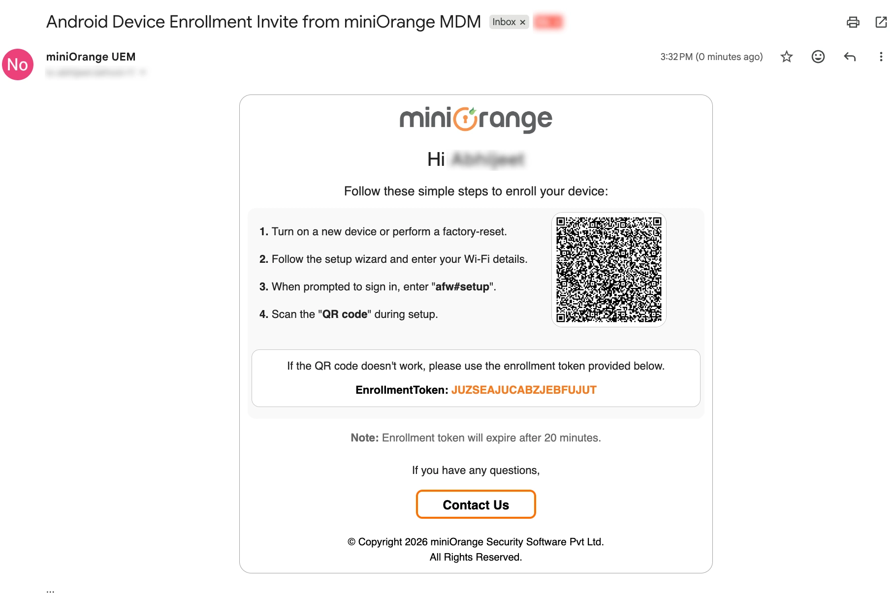 Android Enterprise MDM enrollment email with QR code and token for secure device onboarding
