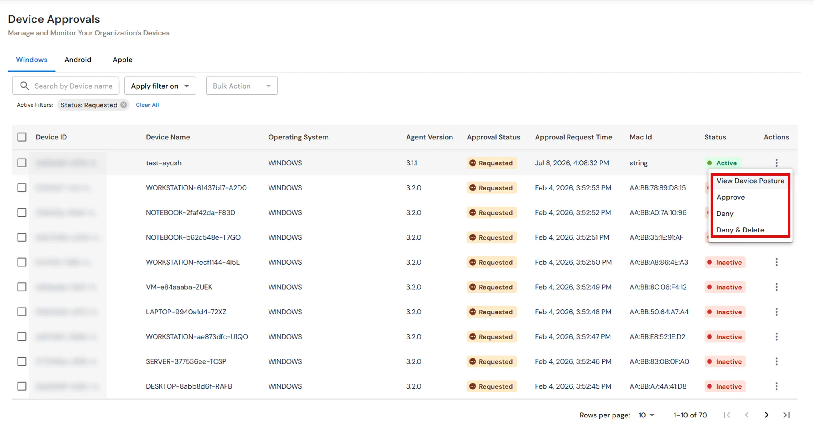 miniOrange UEM onboarding request with Approve action in the Actions menu