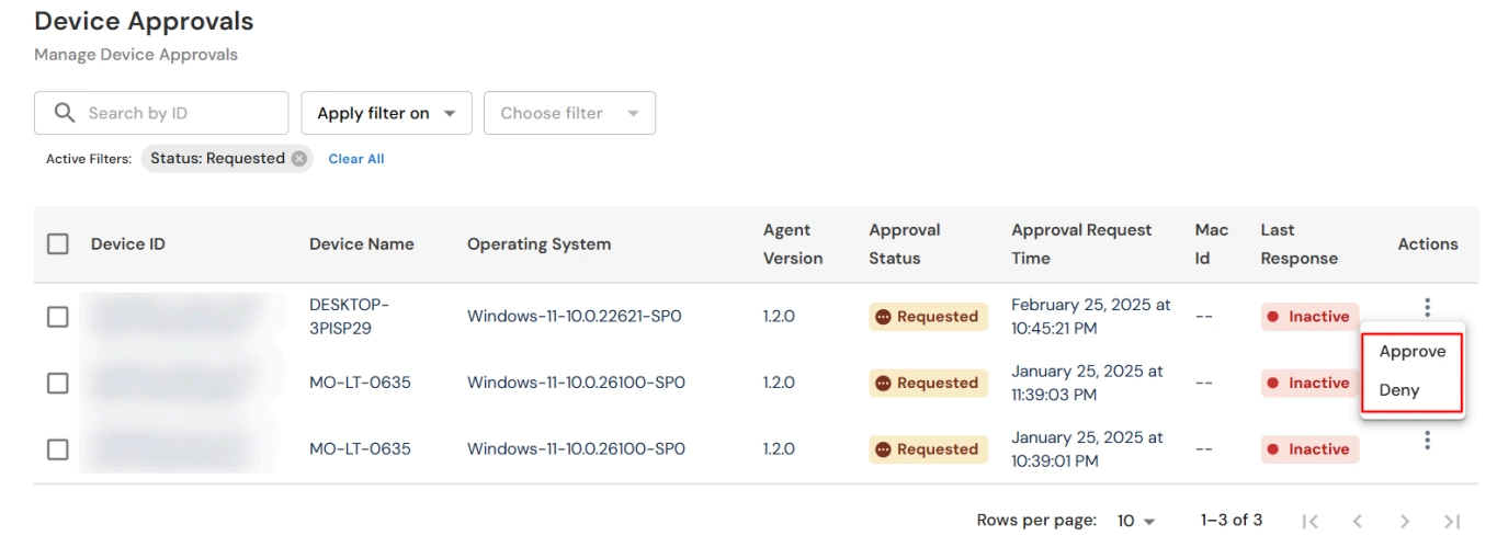 miniOrange UEM onboarding request with Approve action in the Actions menu
