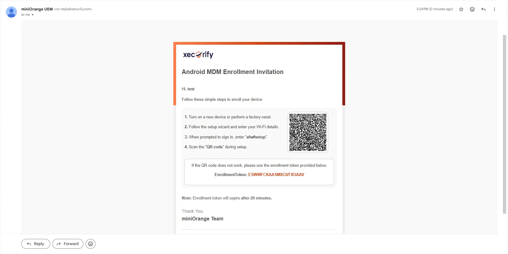 Corporate Android device enrollment email with QR code, enrollment token and setup instructions