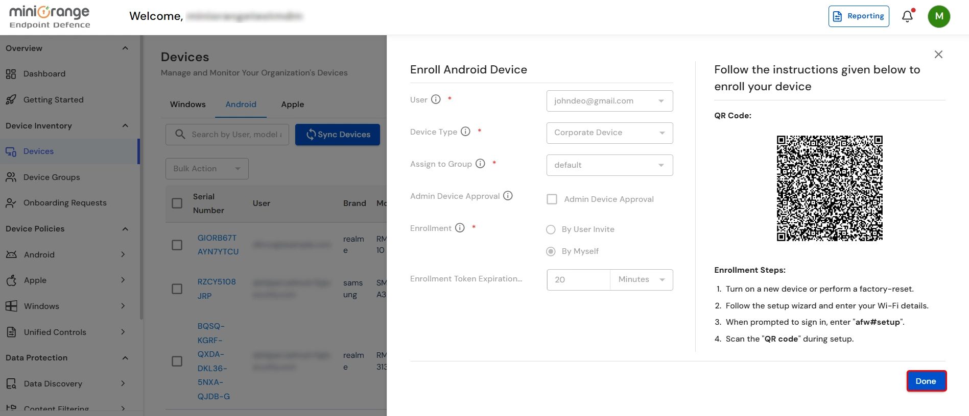 Company owned Android enrollment in miniOrange UEM with on-screen QR code and afw#setup instructions for device owner mode