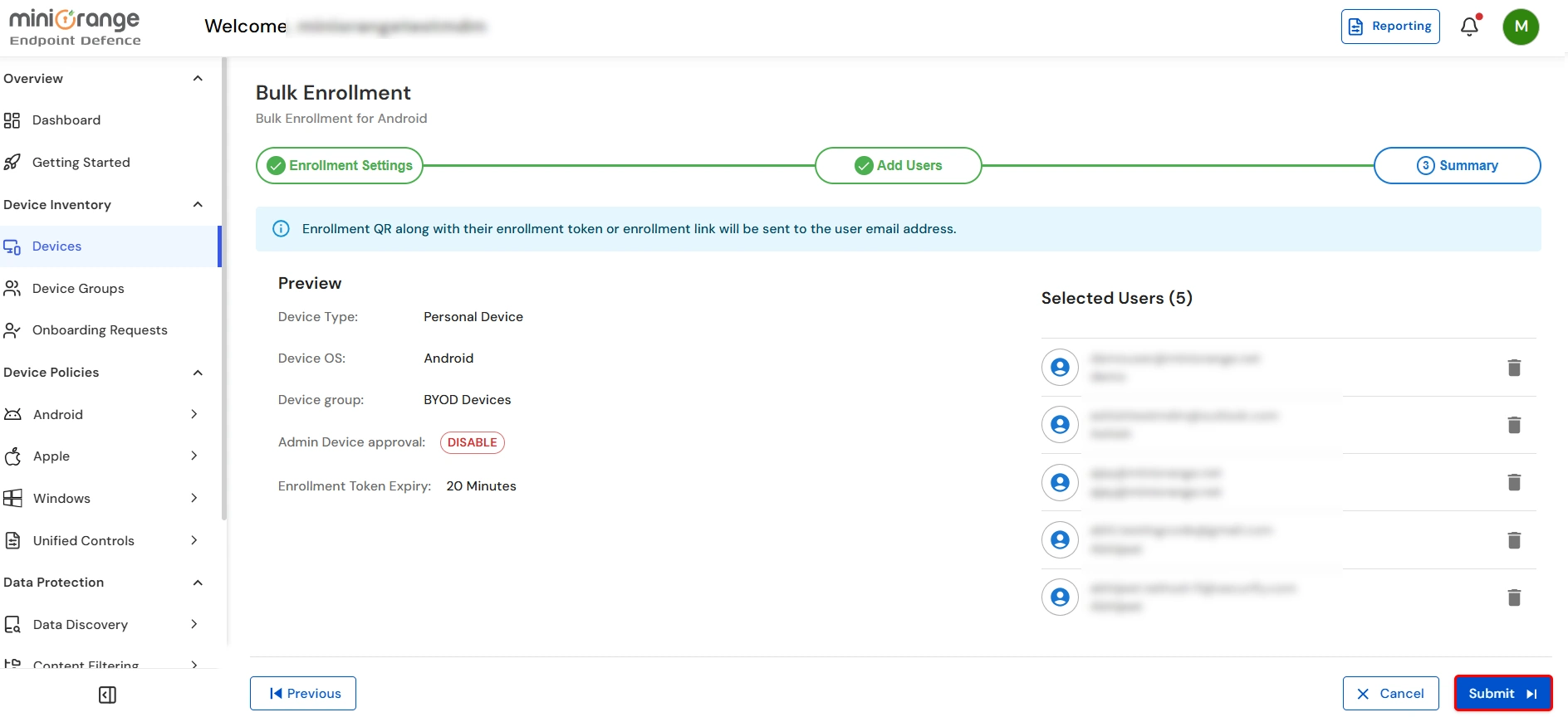 Bulk device enrollment summary page in miniOrange UEM