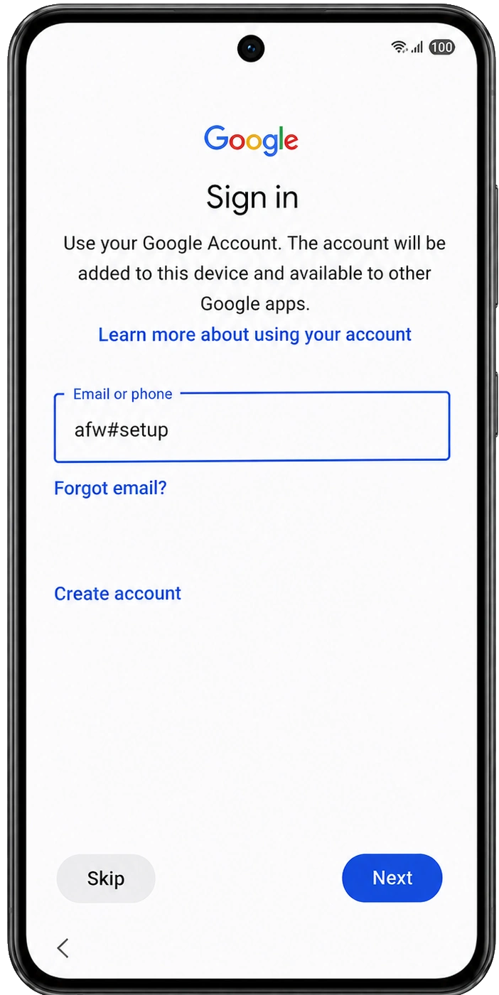Google Sign in screen with afw#setup entered in Email or phone field and Next