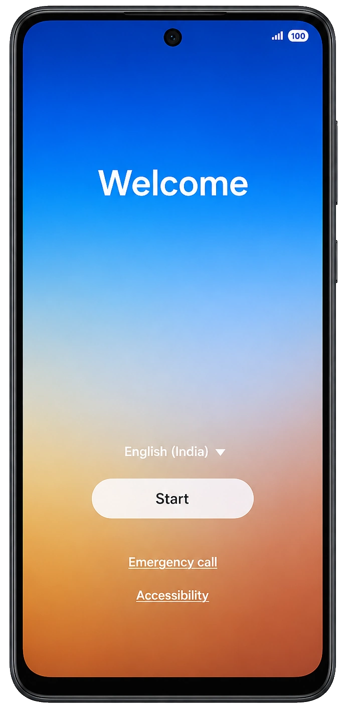 Android welcome screen after factory reset with language dropdown and Start button