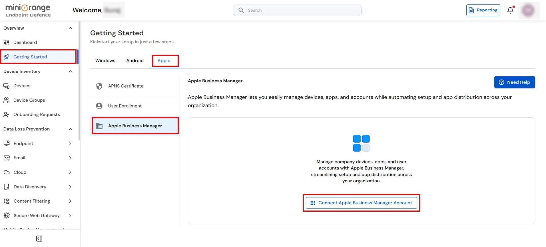 miniOrange UEM Apple Business Manager connection screen