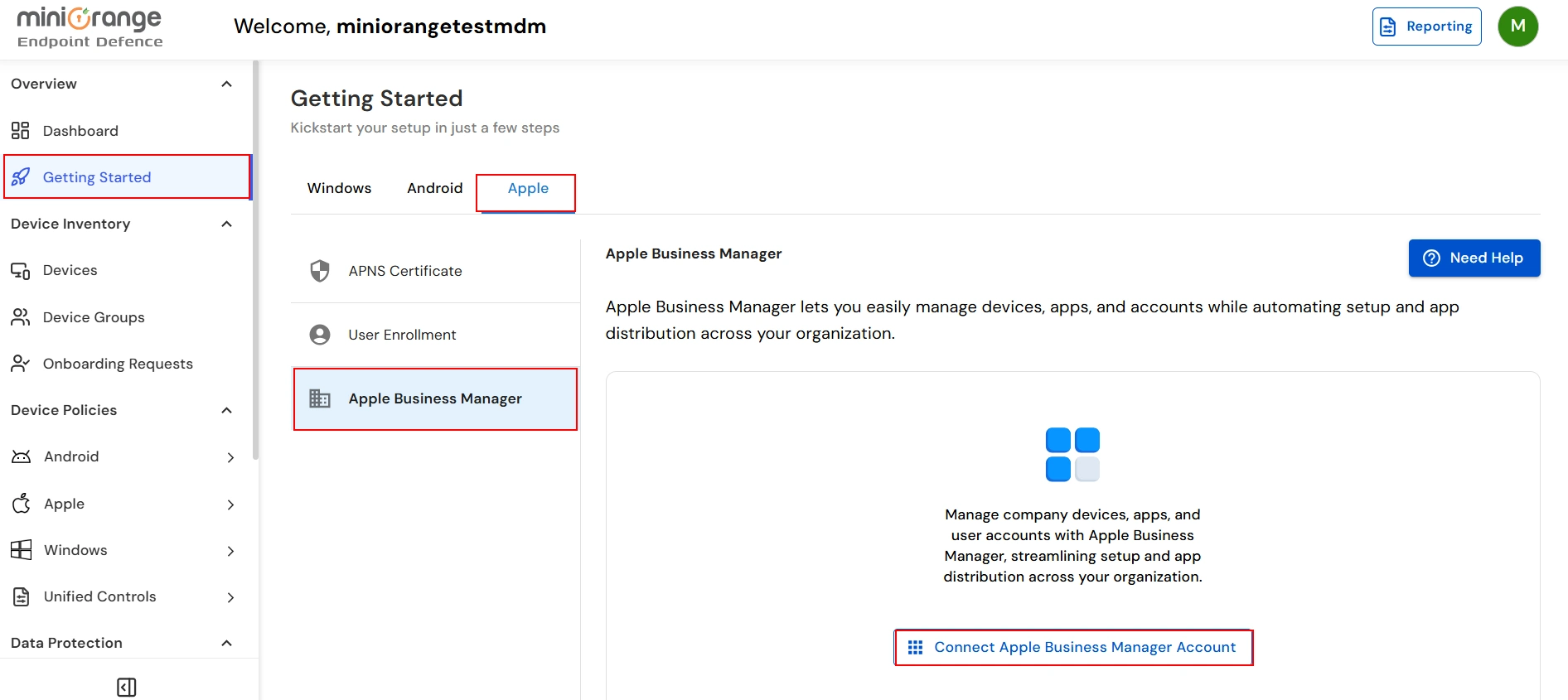miniOrange UEM Apple Business Manager connection screen
