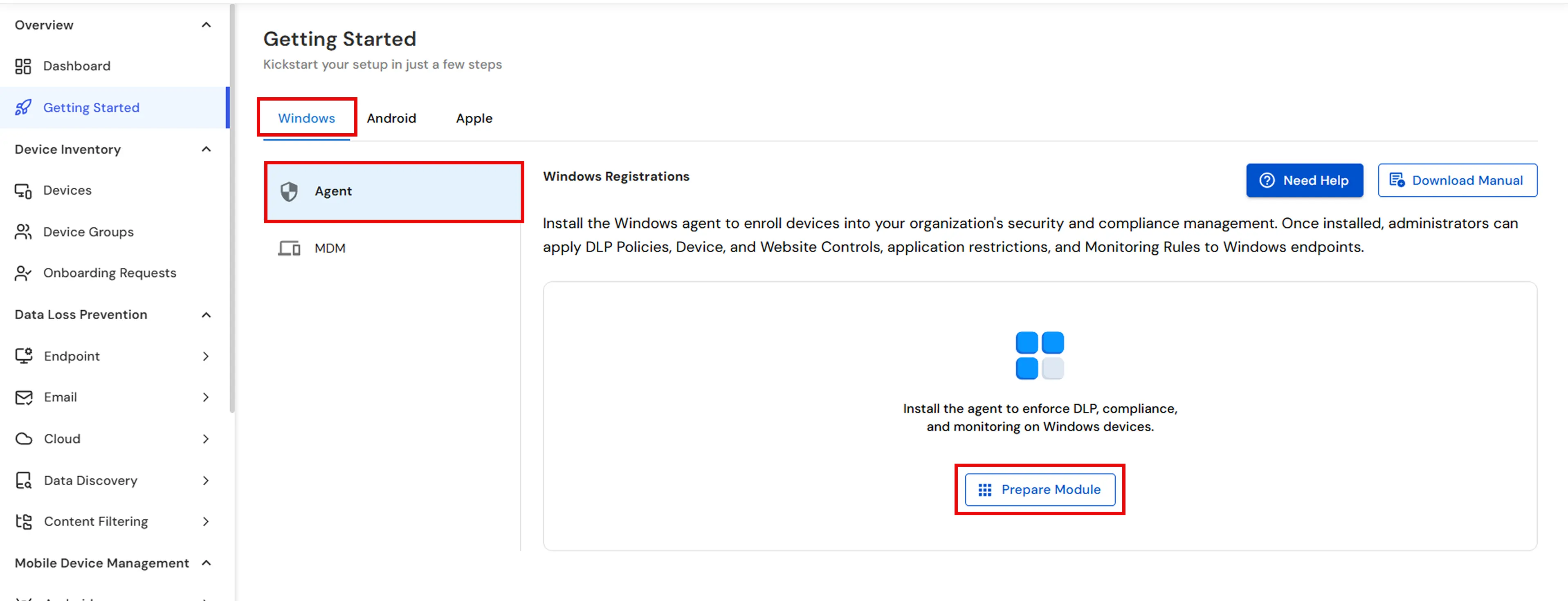 miniOrange UEM Getting Started Windows tab with Download Module for custom MSI agent installer