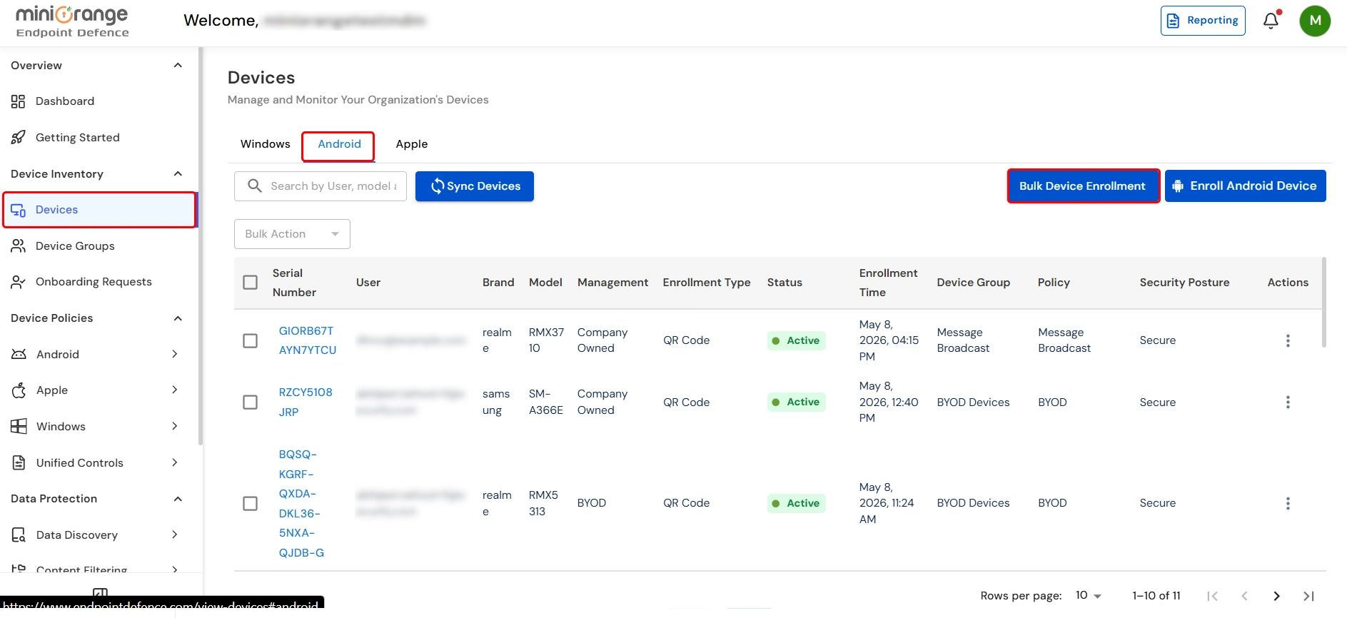 miniOrange UEM Android devices list showing Bulk Device Enrollment option