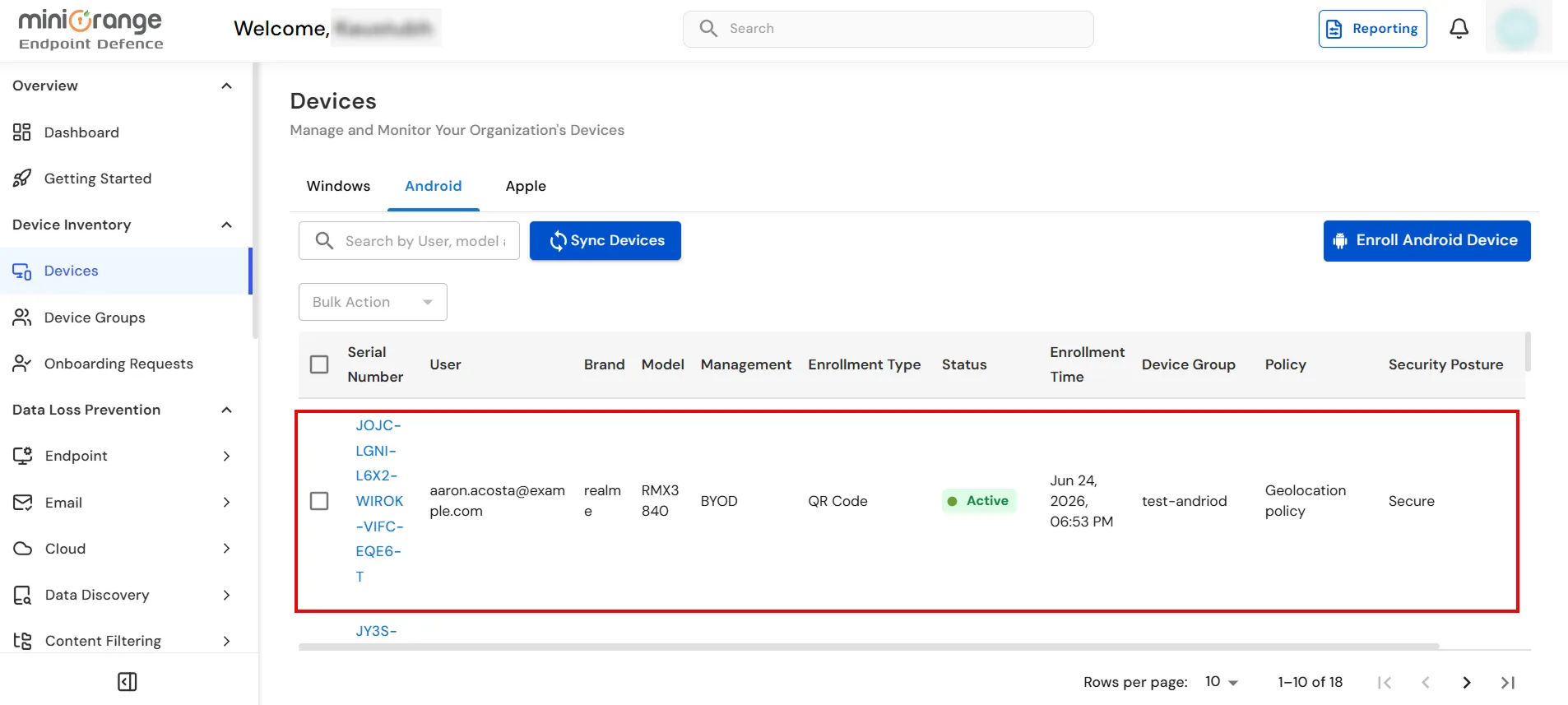 Synced list of enrolled Android devices in Android MDM dashboard for Android Enterprise management