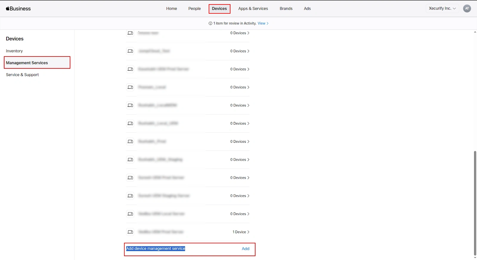Apple Business Manager Management Services screen