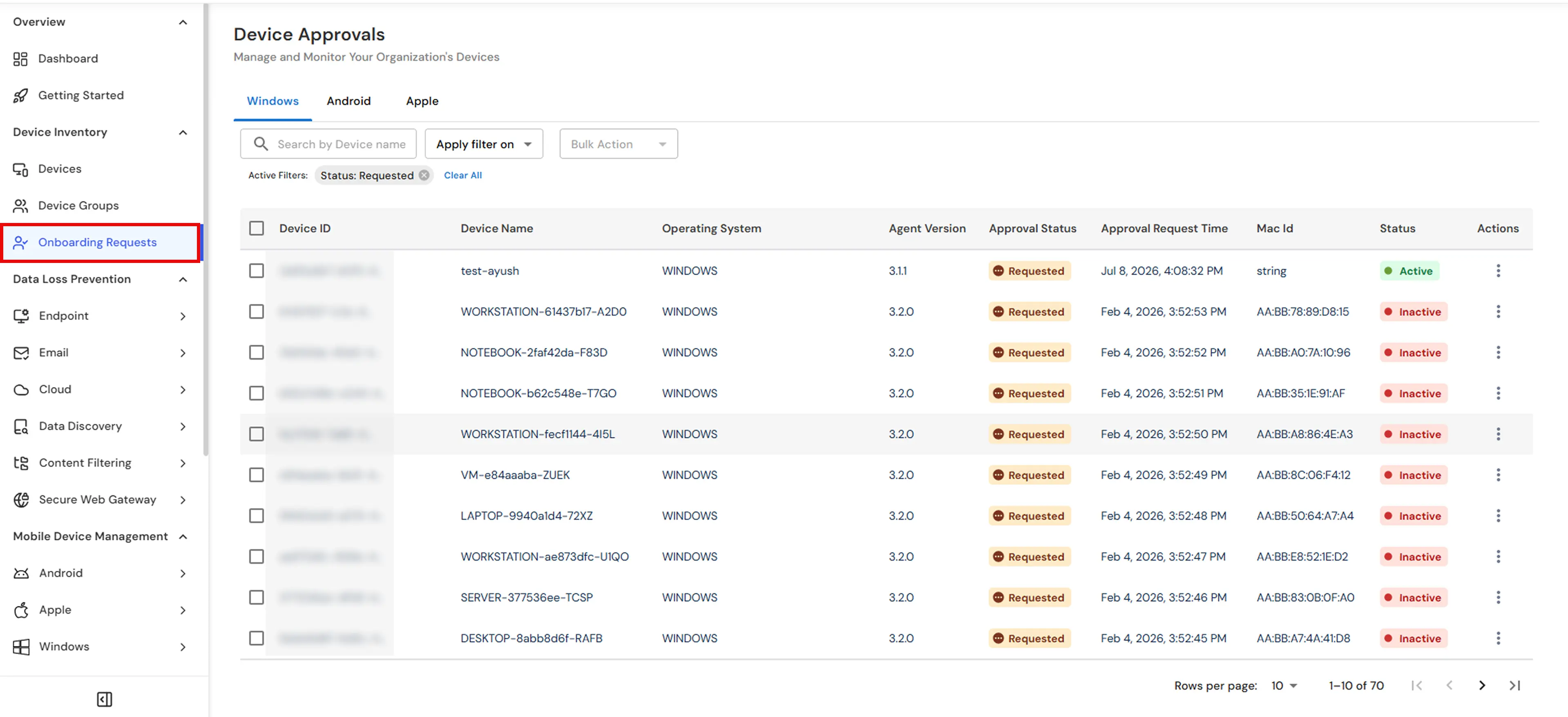 miniOrange UEM Device Inventory Onboarding Requests list showing pending Windows devices