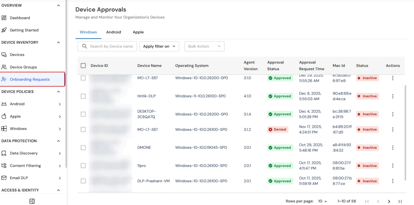 miniOrange UEM Device Inventory Onboarding Requests list showing pending Windows devices