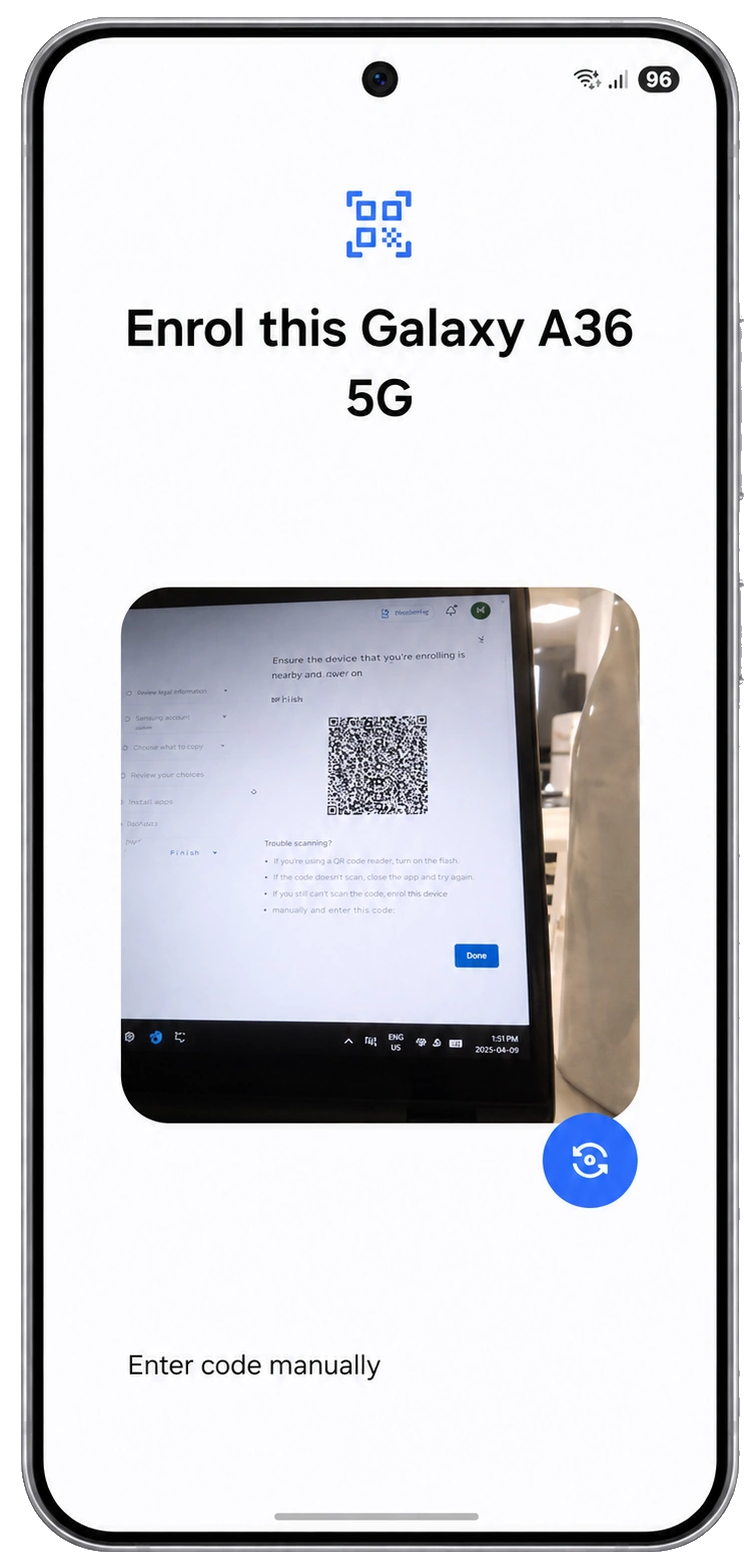 Scan the UEM enrollment QR code with the device camera or a QR scanner app during Android company-owned setup