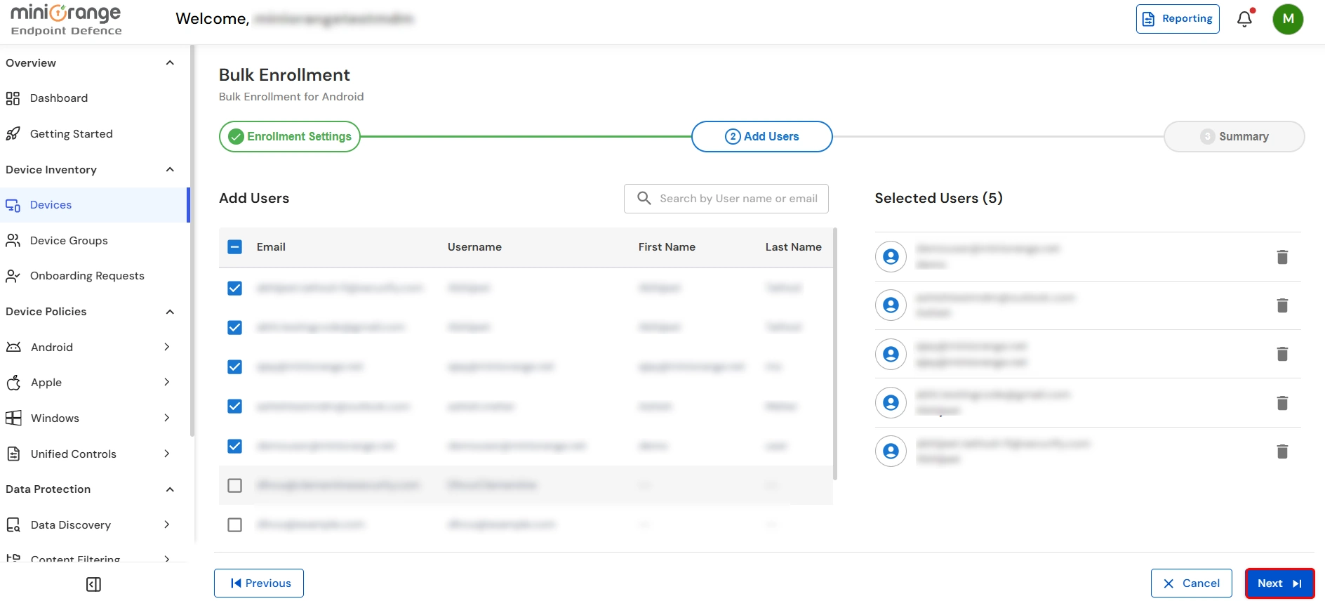 Select users for Android bulk device enrollment in miniOrange UEM