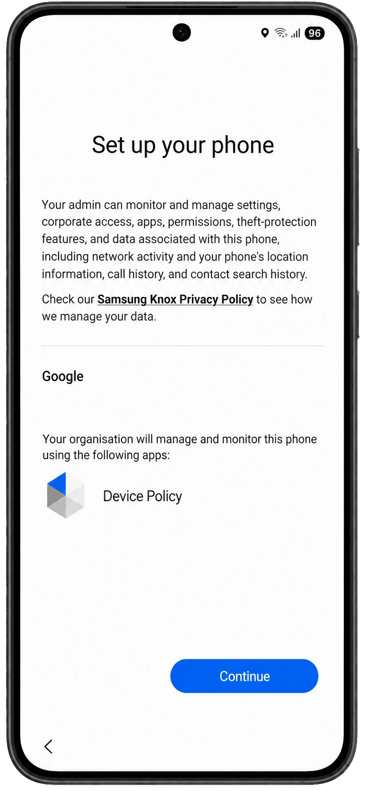Android Set up your phone screen with organisation management details and Device Policy app before Continue