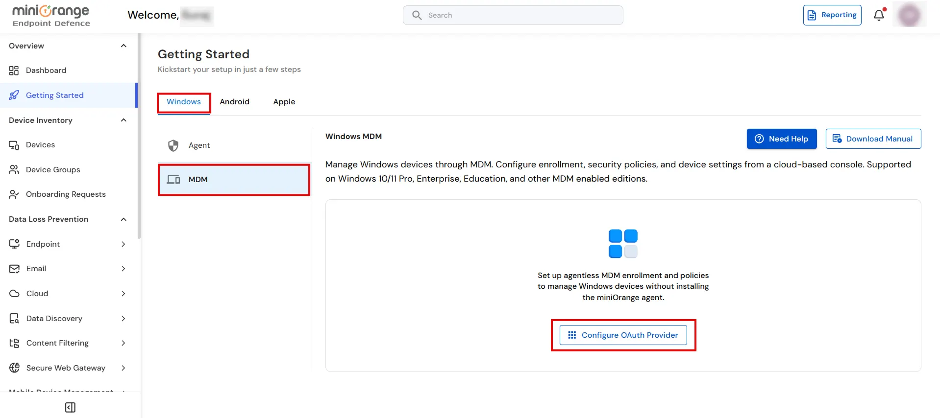 miniOrange UEM Windows MDM Getting Started page with Configure OAuth Provider option