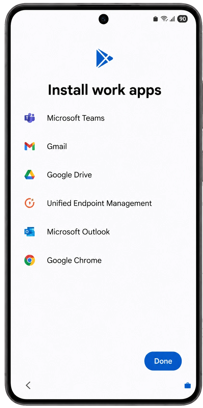 COPE work apps installed list with Done on Android device
