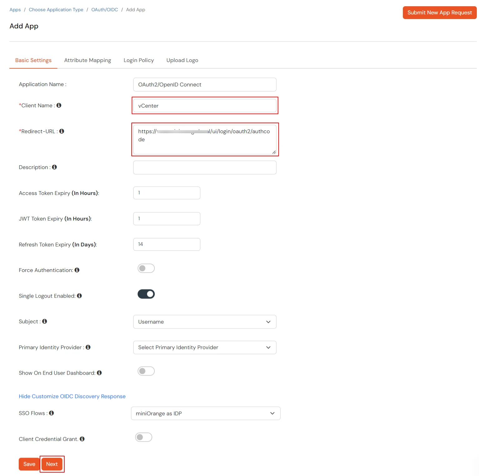 vCenter Single Sign-On (SSO) - Basic Settings, enter client name and redirect url 