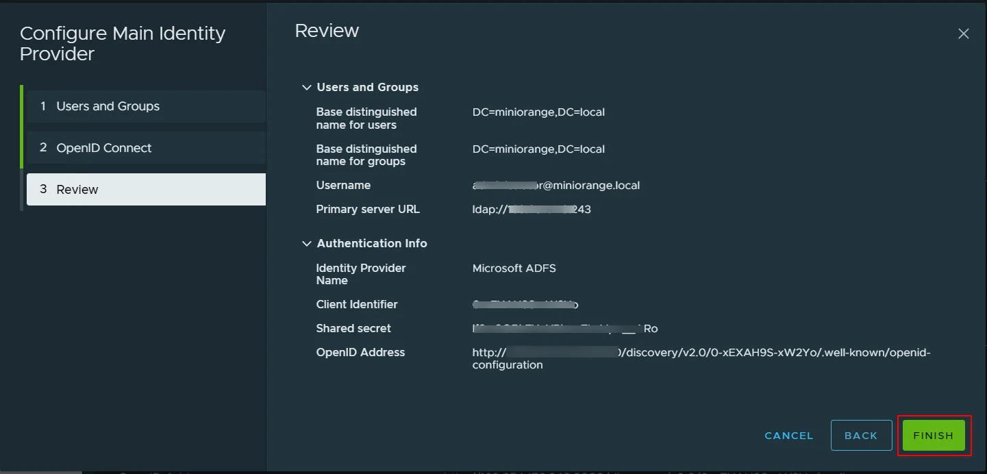 vCenter Single Sign-On - click Finish to complete the configuration