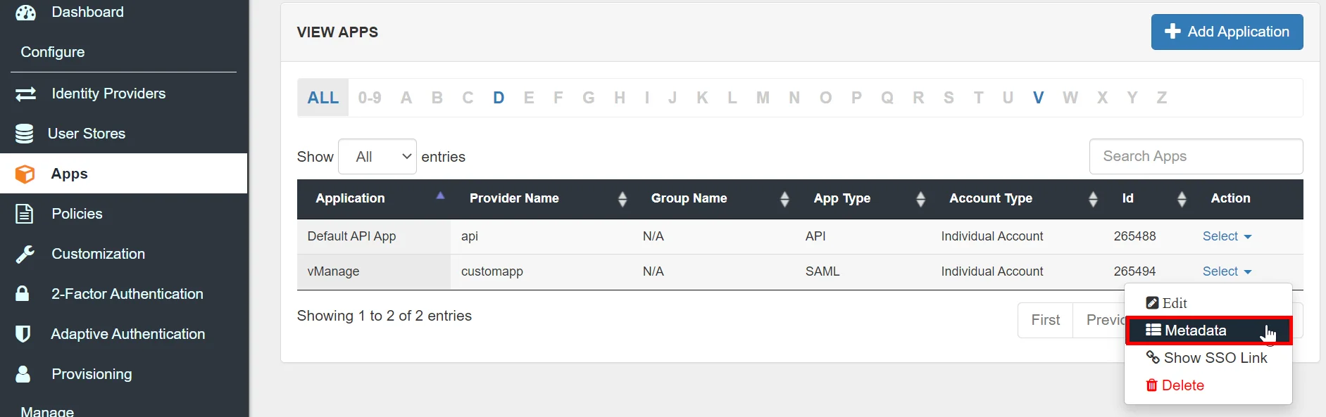 vManage Single Sign On (sso) Select Metadata