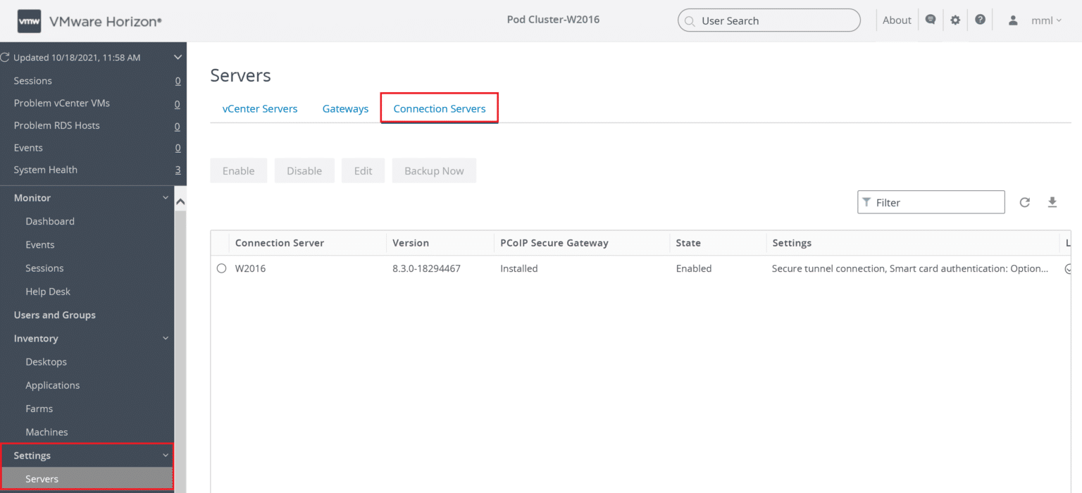 Horizon View MFA: VMWare connection server tab