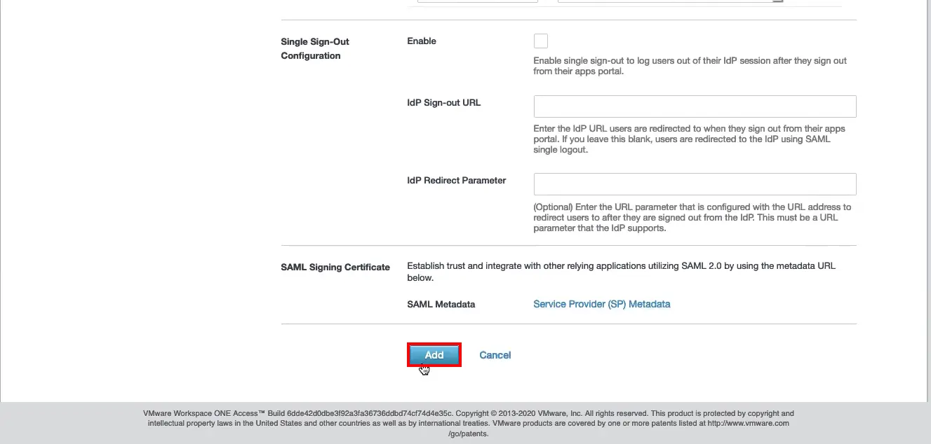 VMWare Workspace ONE Single Sign-On (SSO) Add SAML Application