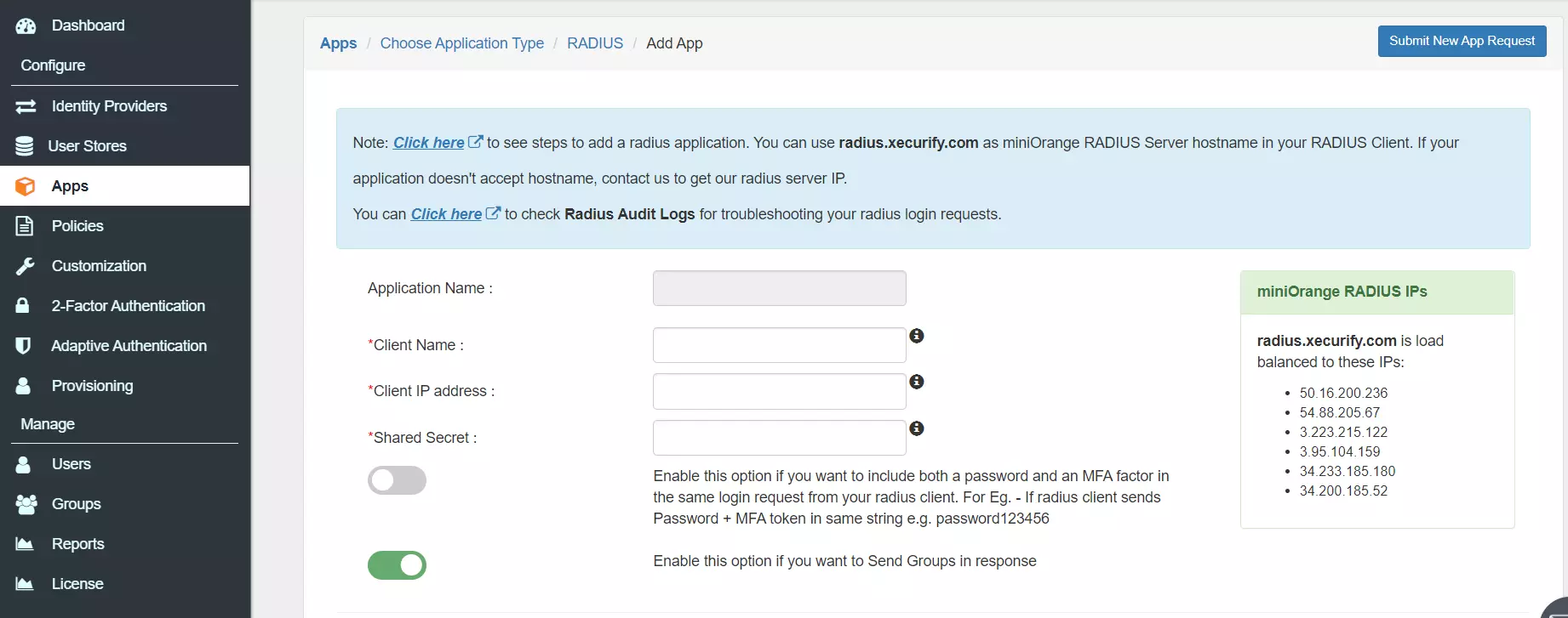 MFA 2FA two-factor authentication for SonicWall: RADIUS Server IPs