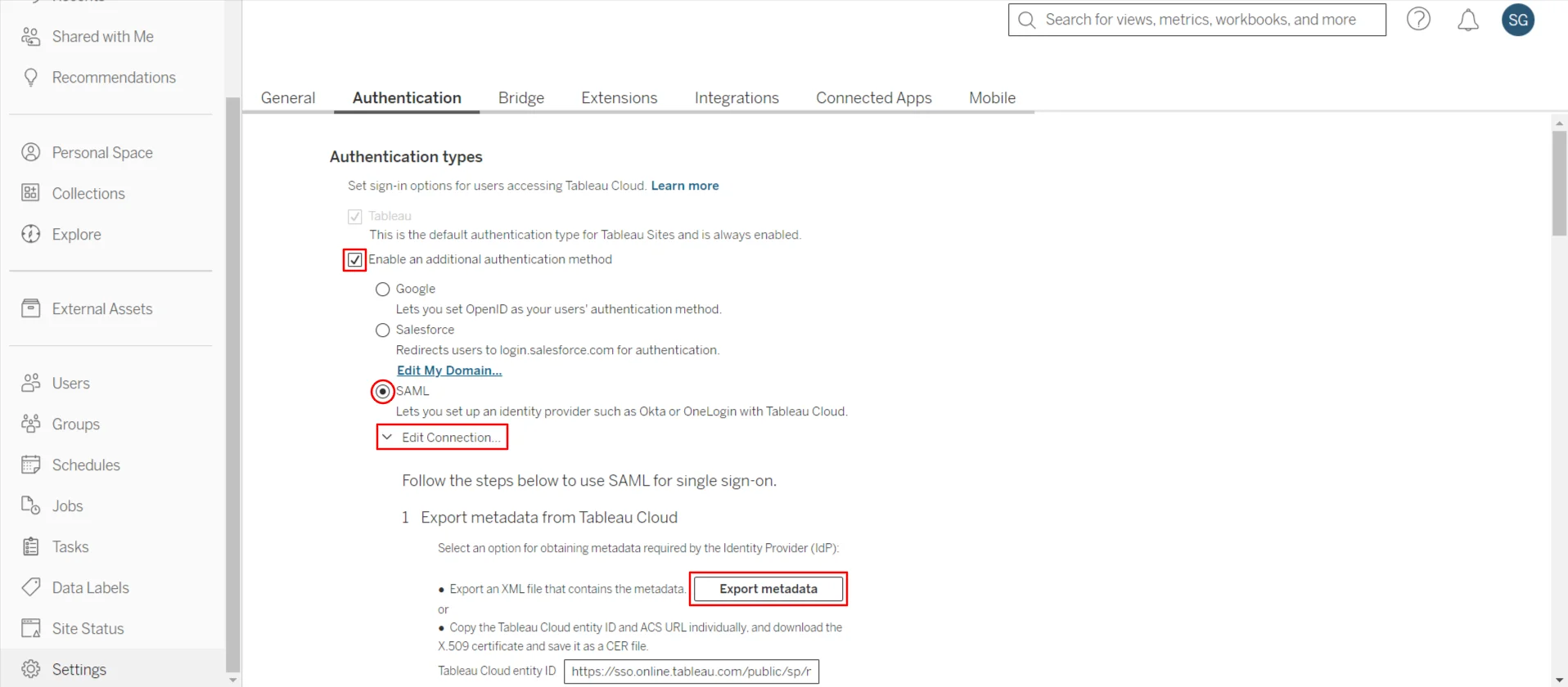 Tableau Online SSO (Single Sign-On): Select Authentication type as SAML and Export the metadata