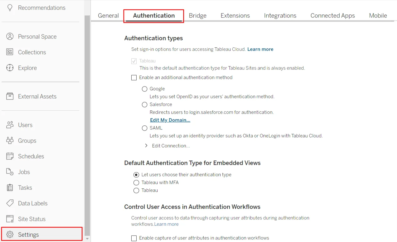 Tableau Online SSO (Single Sign-On): Settings Authentication 