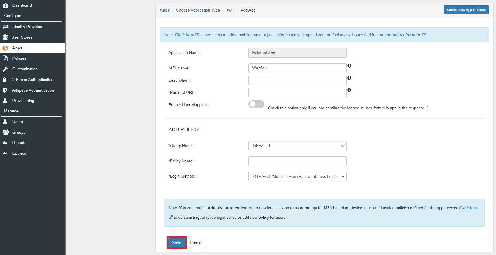Webflow Single Sign On SSO add app