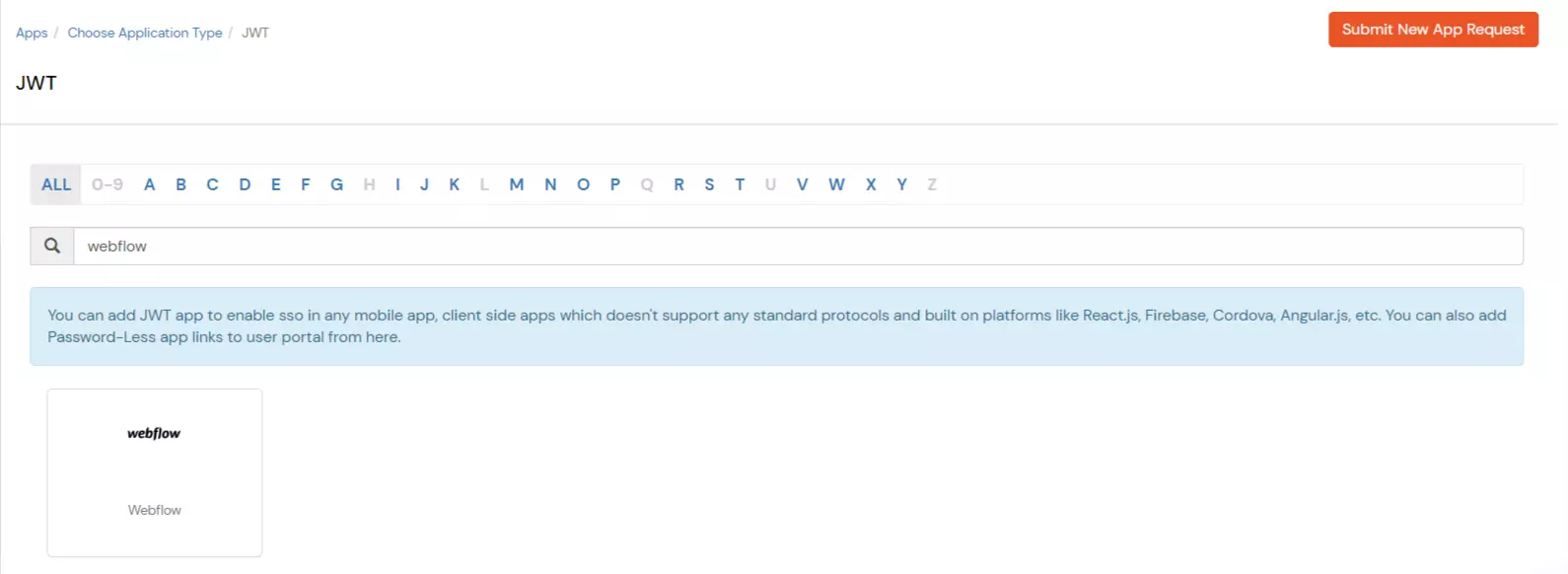 Configure JWT application: Search Webflow JWT application