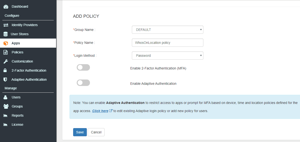 WhosOnLocation Single Sign On (sso) add policy