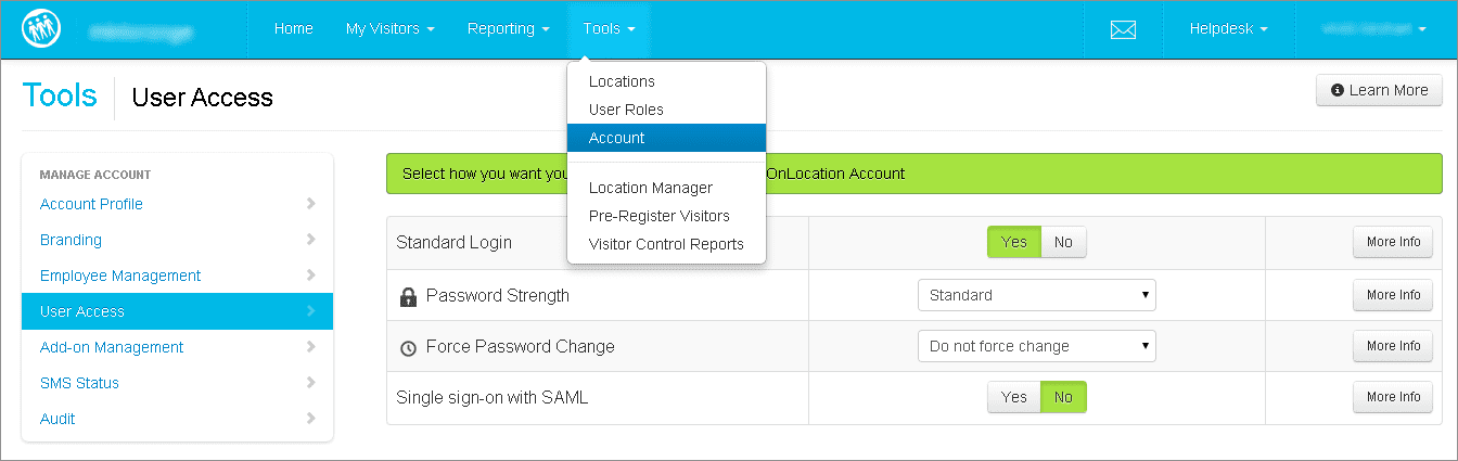 WhosOnLocation Single Sign On (sso) admin panel
