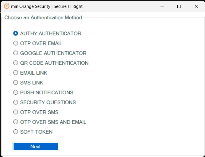 Windows 2FA/MFA Choose your authentication method