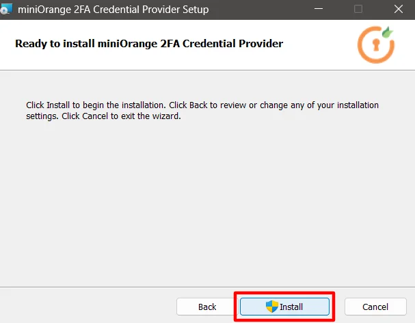 miniOrange 2FA Credential Provider Setup: Ready to install screen with Install button