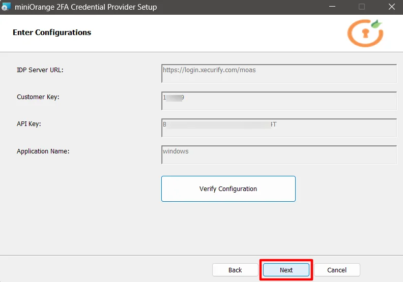 miniOrange 2FA Credential Provider Setup: Back, Next, and Cancel with Next highlighted