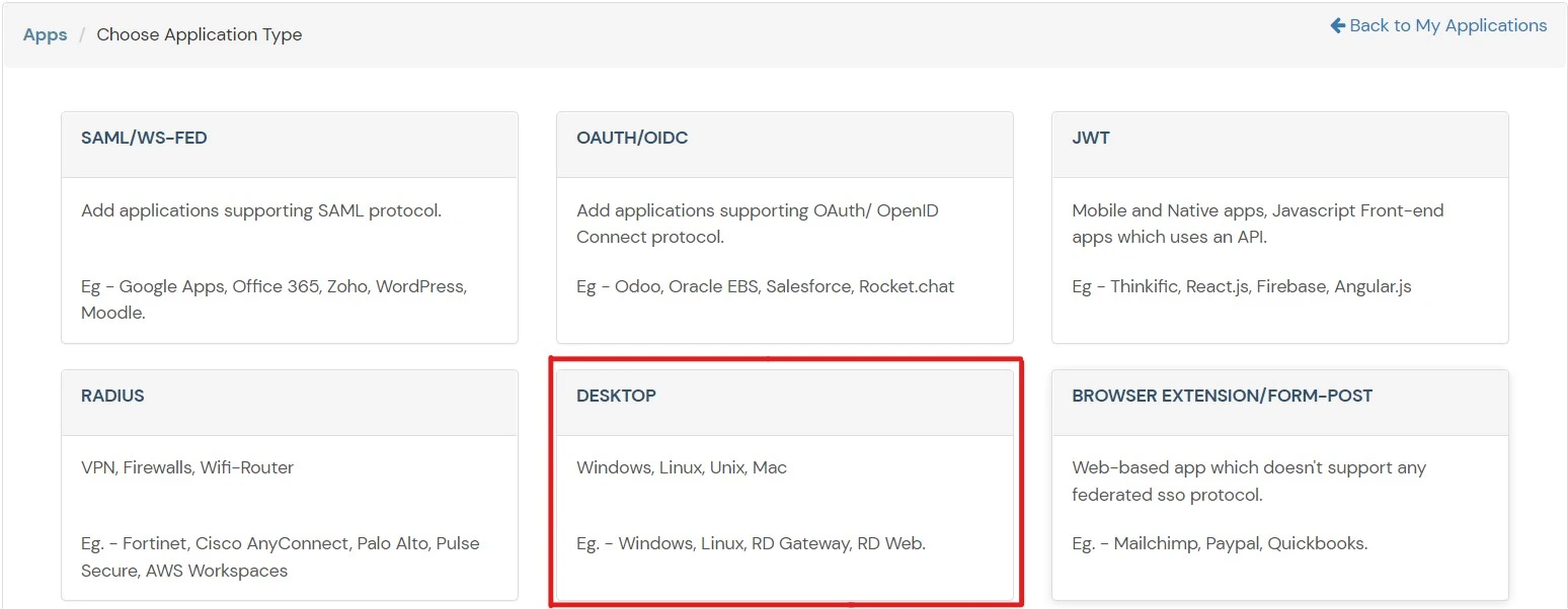 Select Desktop as application type to setup RDP MFA