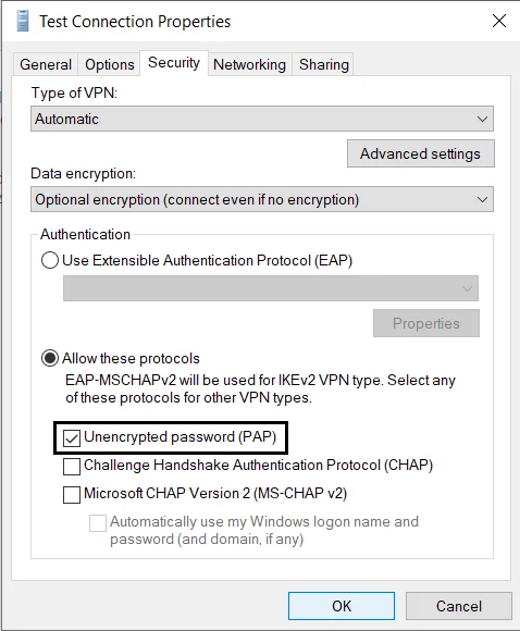 MFA/2FA Two-Factor Authentication for Windows VPN :  Select Unencrypted Password(PAP) protocol