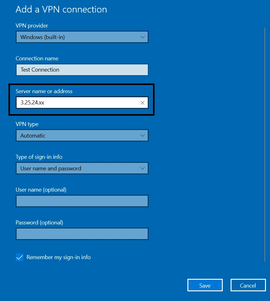 MFA/2FA Two-Factor Authentication for Windows VPN :  Input the Server Address