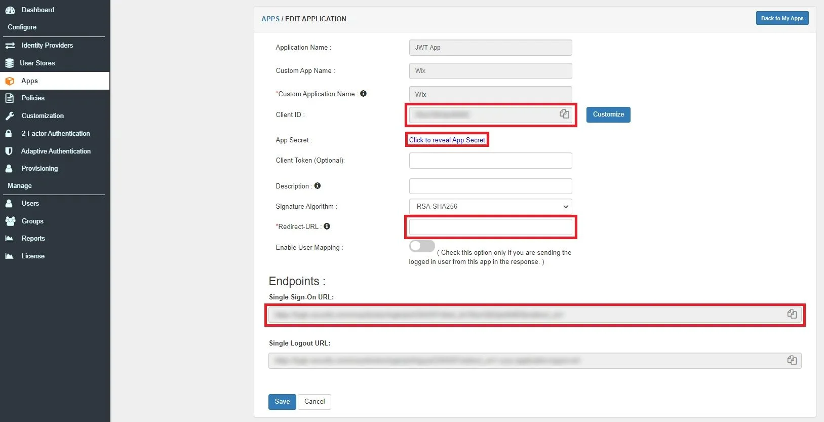 Wix Single Sign-On (SSO): edit-app