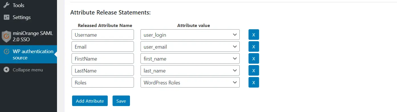 Wordpress API authentication attribute release statement