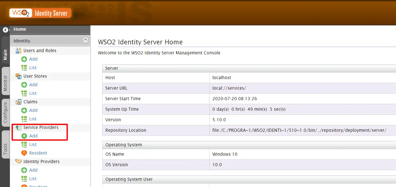 WSO2 IS single sign-on: Add Service Provider